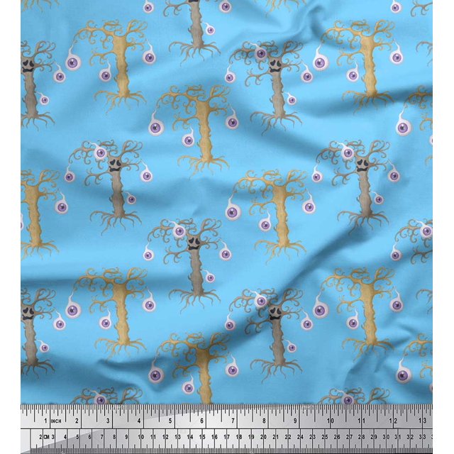 Soimoi Blue Poly Georgette Fabric Eyes & Artistic Tree Printed Fabric 1 Yard 52 Inch Wide