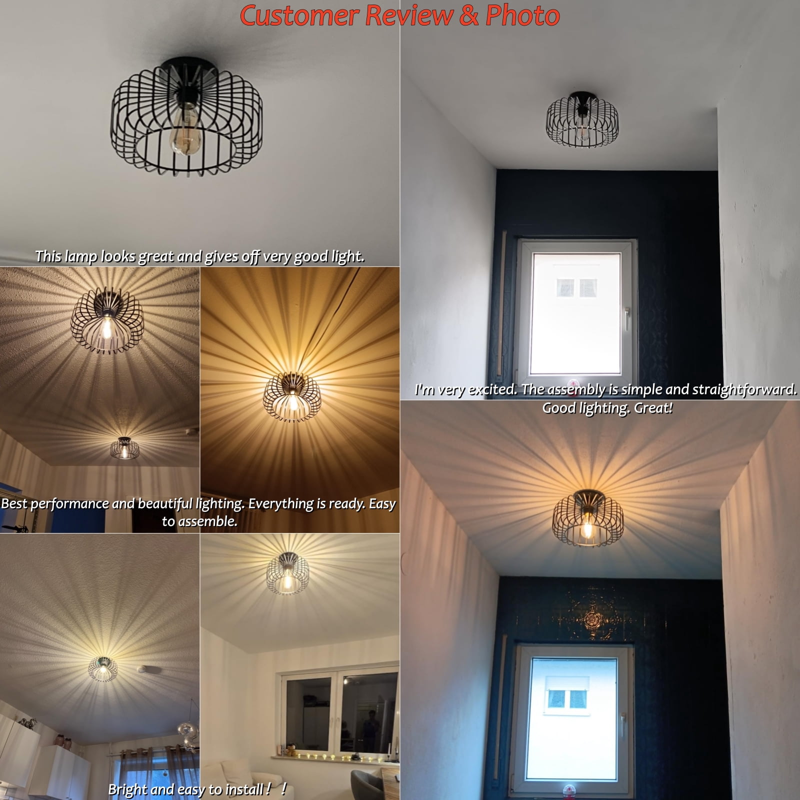 FRIDEKO HOME Modern Black Semi Flush Mount Ceiling Light Fixture, 11.22" Industrial Metal Cage Ceiling Lights, Chandeliers with E26 Base for Bedroom, Living Room, Kitchen, Hallway  (Without Bulb)