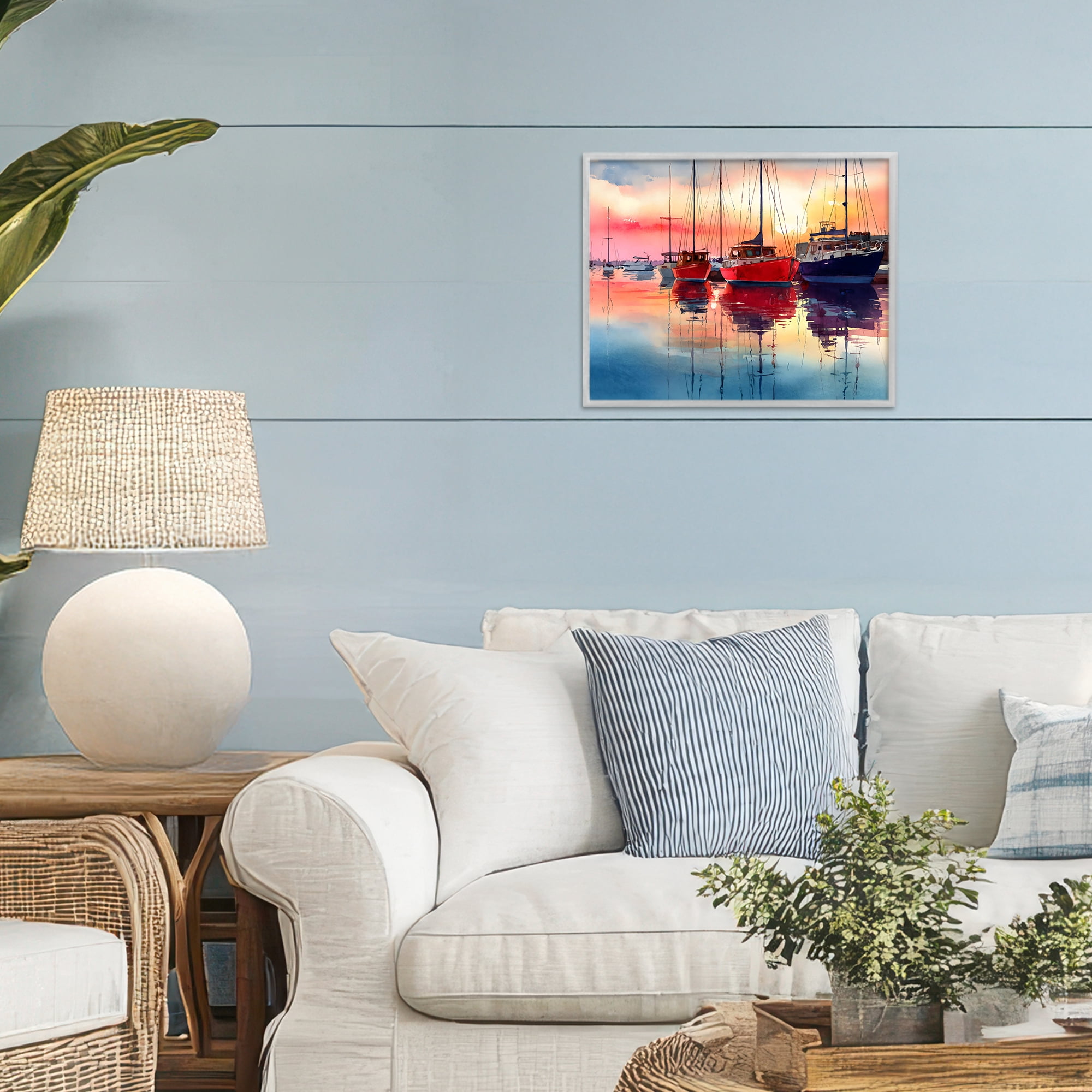 Stupell Industries Red & Blue Boats at Sunset Gray Framed Giclee Art, design by Franklyn Gregory