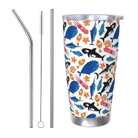 

KLL Cute Sea Animals Print 40oz Stainless Steel Insulated Car Cup with Spillproof Lid - Keep Your Drink Hot or Cold on the Go-Straw Three-piece Set