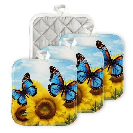 

Bahomeck Pot Holder 4Pcs Blue Butterflies With Sunflowers Square Heat Resistant Hot Pads For Kitchen Cooking Oven With Hanging Loop Potholder Easy To Store