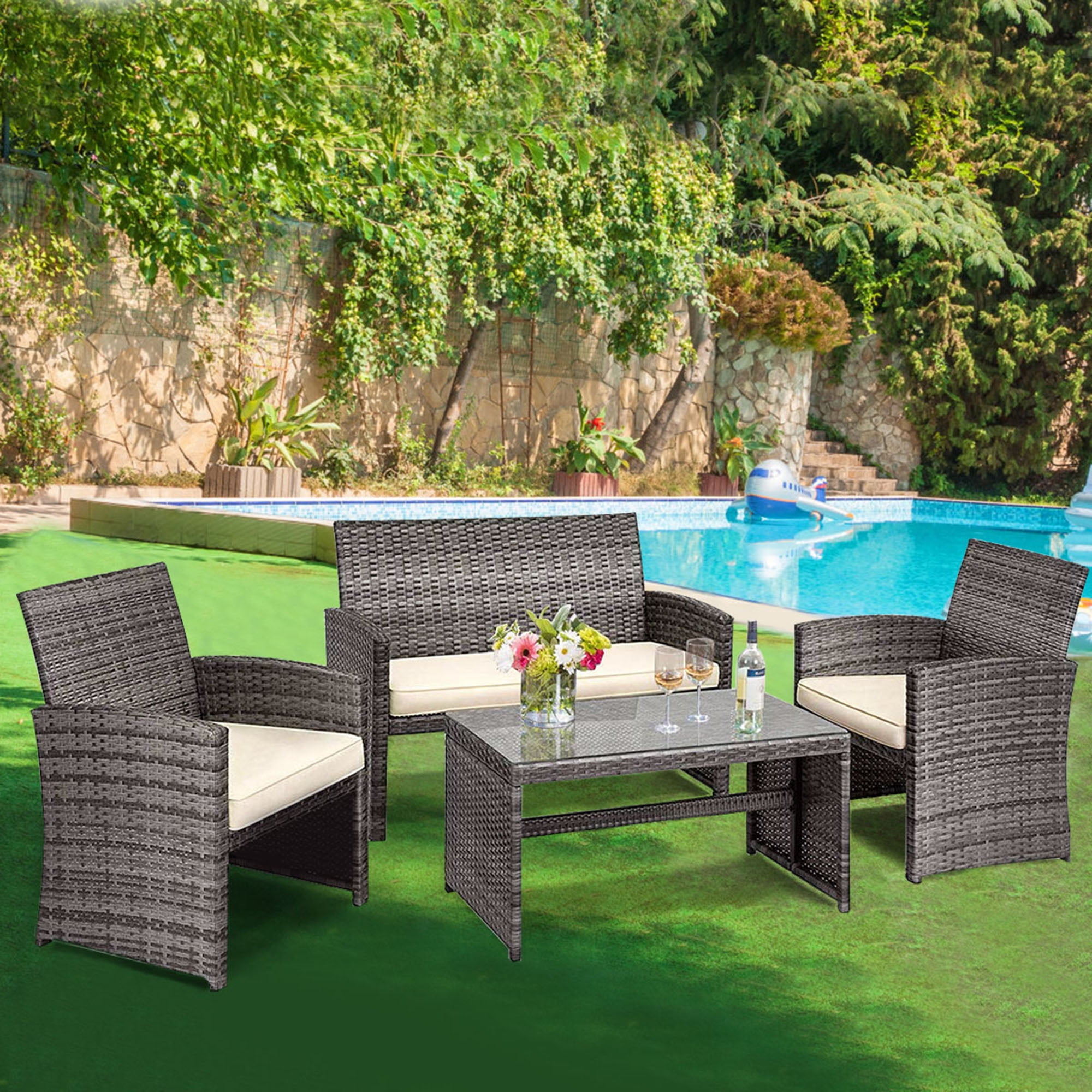 Buy Gymax 4 Pieces Patio Outdoor Rattan Furniture Set with Cushioned