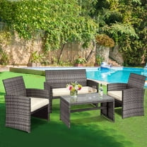 Gymax 4PCS Patio Outdoor Rattan Conversation Furniture Set w/ Beige Cushion