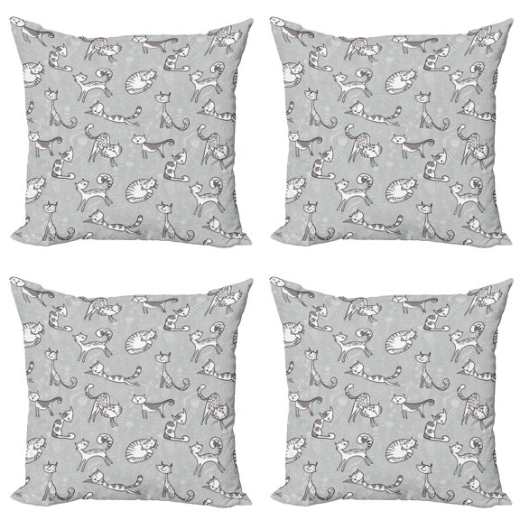 Ambesonne Flower Throw Pillow Cover 4 Pack, Cat Kitten Cartoon, 18", White
