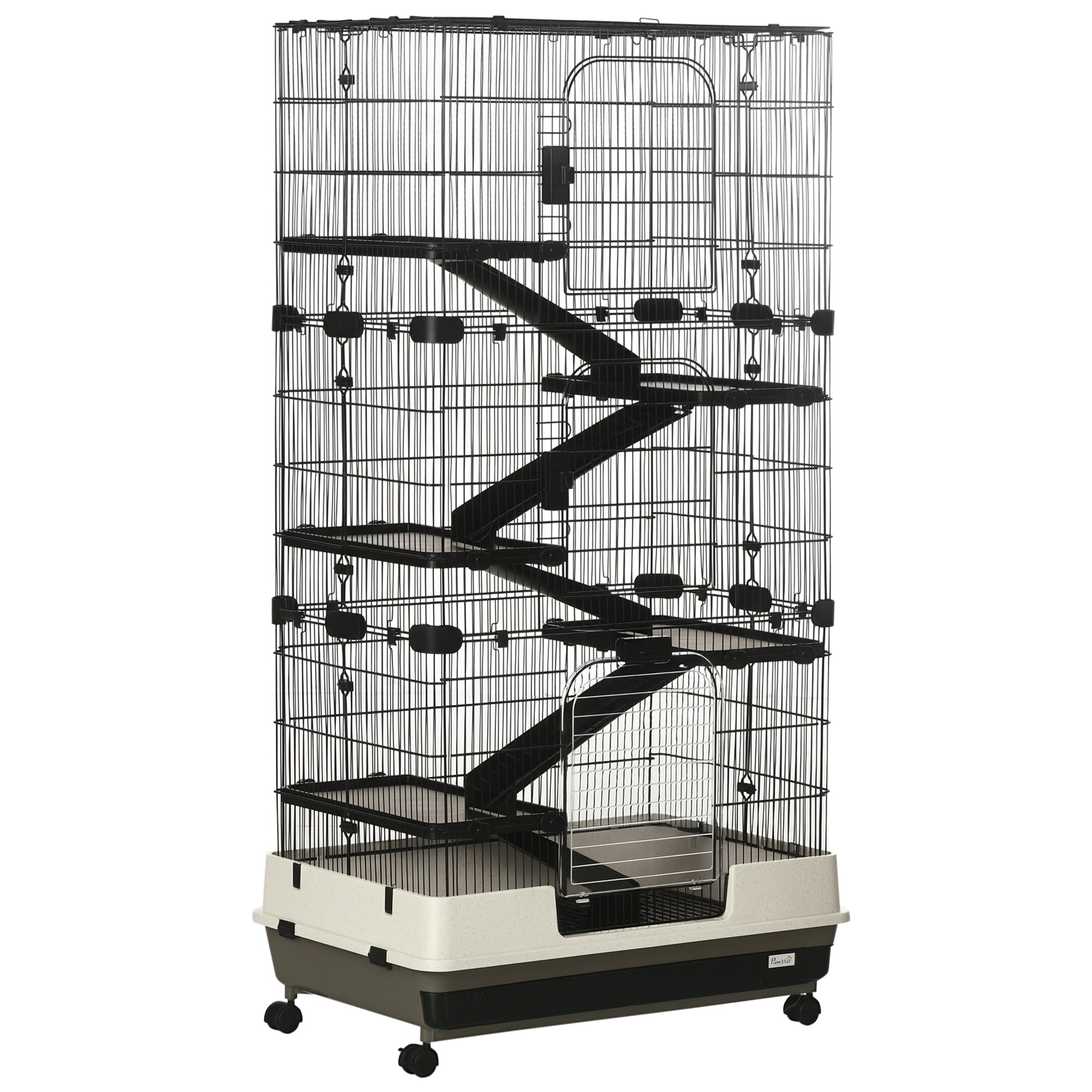 Rabbit Cage with Wheels & Removable Tray - 6 Tier Steel Ferret Chinchilla Cage - Black & White - 31.5" L x 20.75" W x 59.5" H