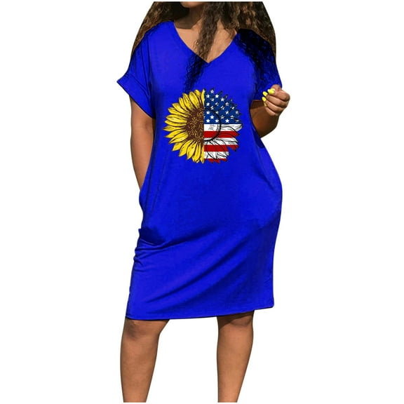 Wycnly 4th of July Dresses for Women Independence Day Fashion Patriotic Graphics Pocket Tunic Midi Dresses Short Sleeve V-Neck Sunflower USA Flag Print Summer Knee-Length Formal Dress Blue xxl
