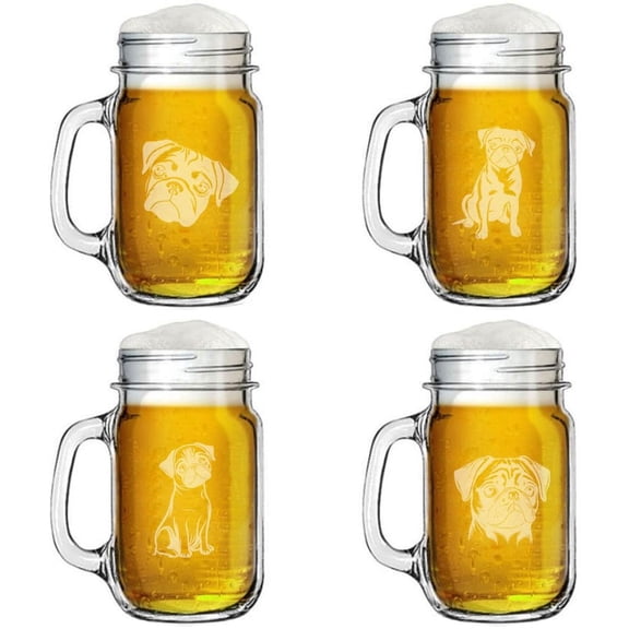 16oz Mason Jar Glass Mug w/Handle Gift Set of 4 Pug Collection