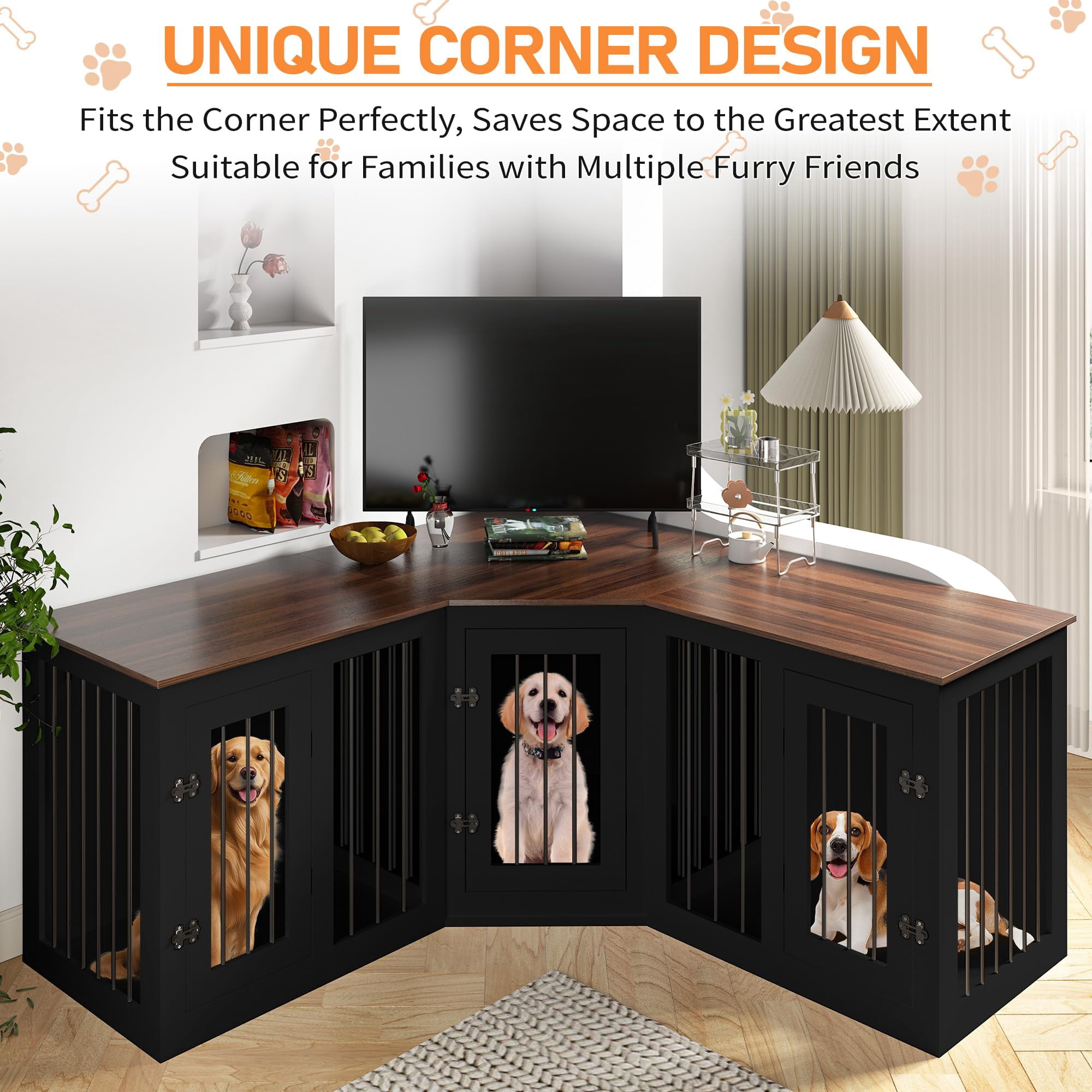 Large Dog Crate Furniture for 3 Dogs, Corner Dog Crate with Divider, 3 in 1 Heavy Duty Indoor Wooden Dog Kennel Furniture