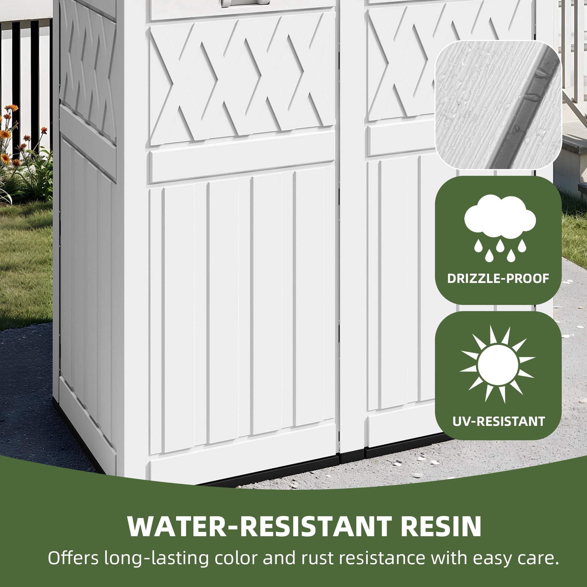 Uforic 62 Gallon Dual Compartment Resin Outdoor Trash Can with Layered Lid & Drip Tray, Waterproof Garbage Bin for Patio Backyard Deck, Black & White