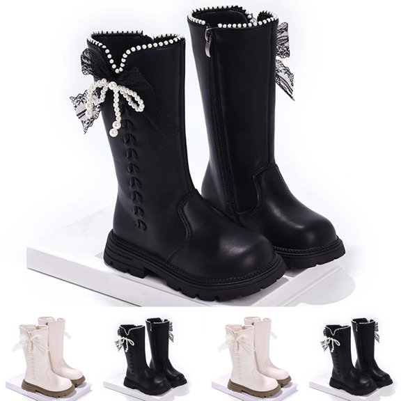 BXJX Girls Mid-Calf Boots, Fall Winter Non-Slip Fashion Side Zipper Kids Riding Boots Black Size 10 Little Kids