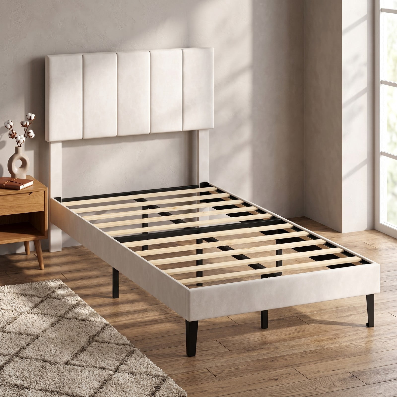 Furnibear Twin Size Velvet Upholstered Platform Bed Frame with Adjustable Vertical Channel Headboard and Wood Slat Support, Beige