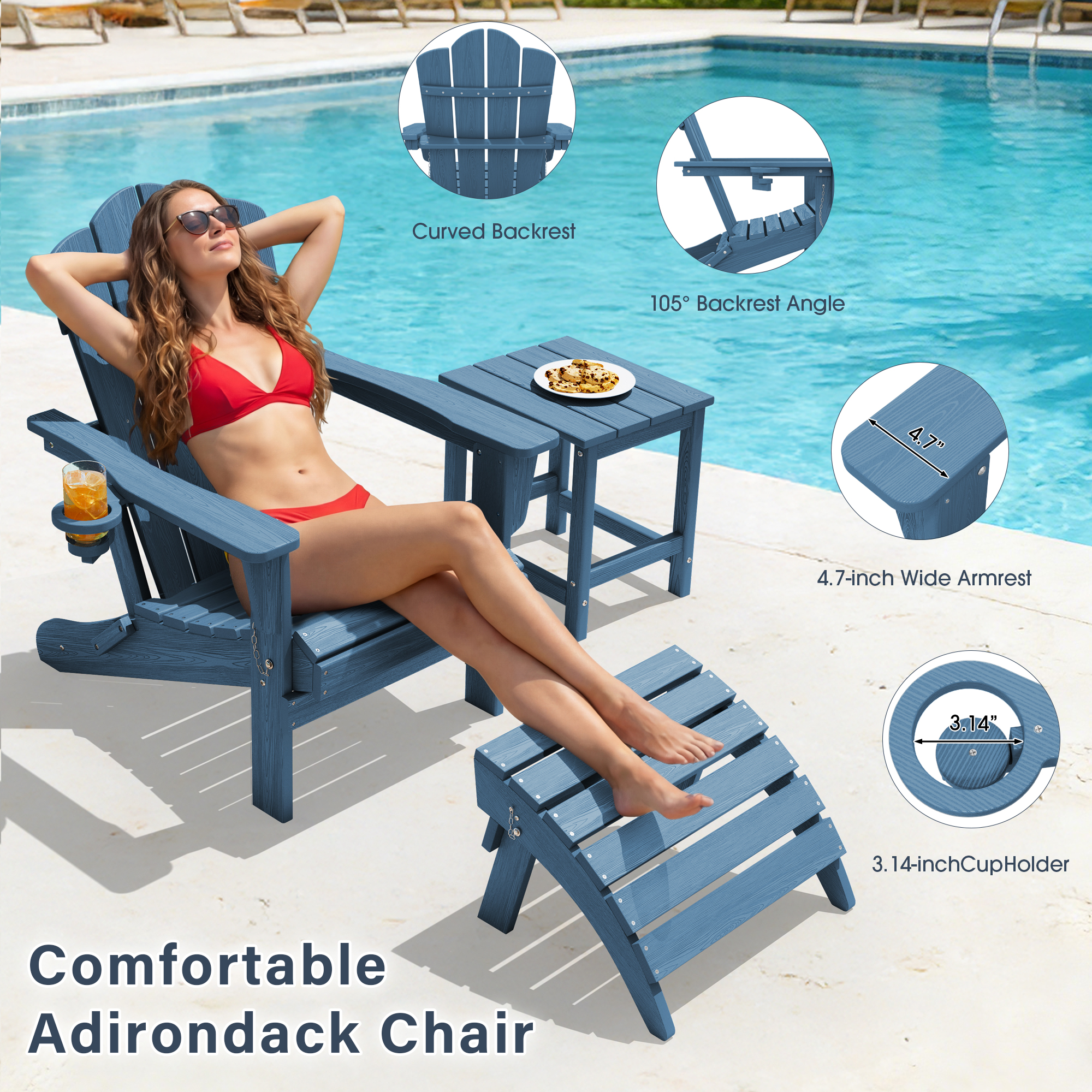 KINGYES Folding Adirondack Chair Set of 2, Navy photo 8