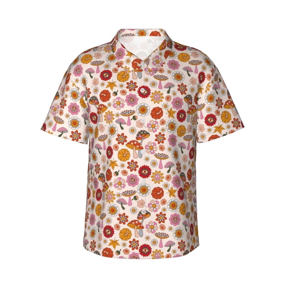 Vsdgher Fall 70s Groovy Hippie Print Men's Hawaiian Shirts Button Down Tropical Holiday Beach Shirts Vacation Clothes -Small