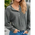 thumbnail image 5 of Women'S Button Crew Neck Sweater Fall Long Sleeve Henley Shirts Trendy Loose Knit Pullover Tops Grey M, 5 of 8