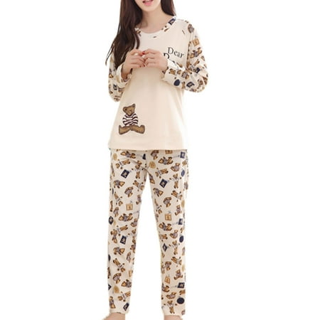 

AOOOWER Womens Long Sleeve Pajamas Set Cartoon Print Sleepwear Home Clothing Autumn Cute