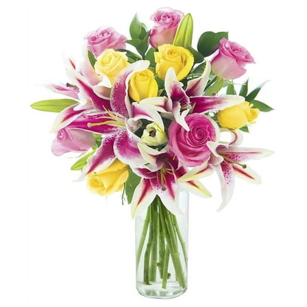 Kabloom Fresh Lily Pop Bouquet with 5 Pink Roses, 5 Yellow Roses, 5 Stargazer Lilies, Greenery, and Vase