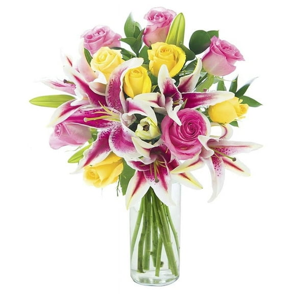 Kabloom Fresh Lily Pop Bouquet with 5 Pink Roses, 5 Yellow Roses, 5 Stargazer Lilies, Greenery, and Vase