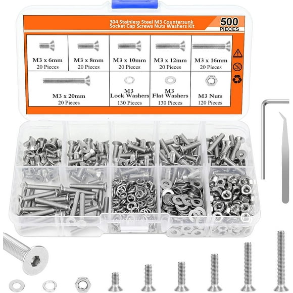 Massive Screw Collection Rustproof Countersunk Screw Assortment 500pcs Set with Storage Box for for & Machine Repair, Mixed Sizes