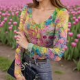 thumbnail image 2 of Mardi Gras Shirts for Women Carnival Feathers Print V Neck Tunic Tops Sparkly Long Sleeve Party Blouse Pink M, 2 of 7