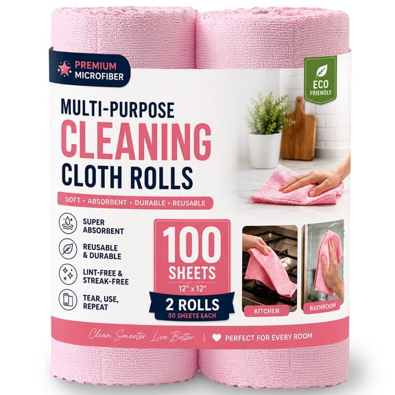 Jessy Home 2 Rolls Cleaning Cloth Pink, 100 Sheets Reusable Paper Towels, 12"x12" Lint Free, Absorbent & Scratch Free Microfiber Towels for Kitchen