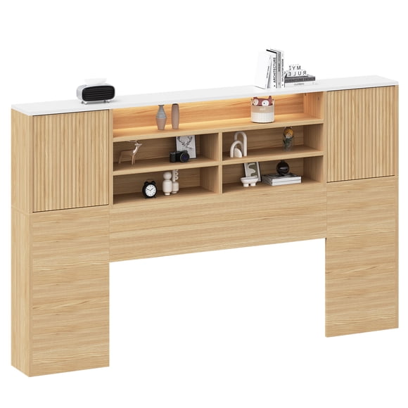 Estante para cabecero de cama Librería de madera para cabecero de cama con luces LED Estante abierto de 3 niveles para cabecero de cama con 2 armarios con puertas Estante para cabecero de cama