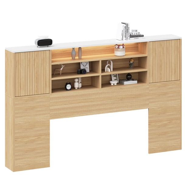 Estante para cabecero de cama Librería de madera para cabecero de cama con luces LED Estante abierto de 3 niveles para cabecero de cama con 2 armarios con puertas Estante para cabecero de cama