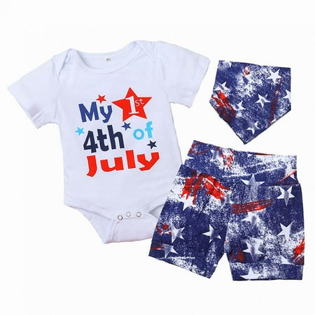 

Danhjin 4th of July Toddler Baby Summer Outfit Flag Star Print Jumpsuit + Shorts + Baby Slobber Bibs American Flag Independence Day Top Shorts Set - Summer Savings Clearance