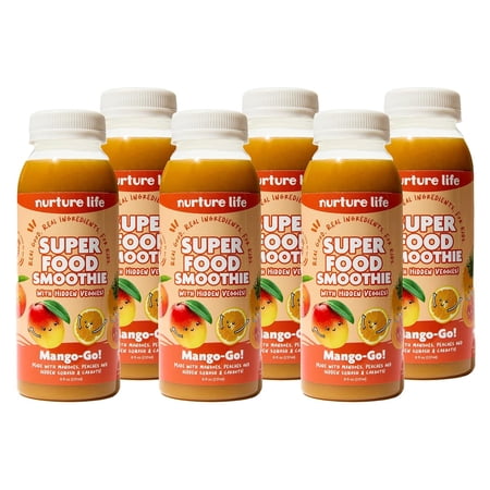 Superfood Smoothies, Healthy Toddler Snacks To-Go w/Hidden Fruits & Veggies, Fruit Smoothies for Kids, Drink for Children, Organic Ingredients, No Sugar Added, 6 Bottles, Mango-GO Flavor
