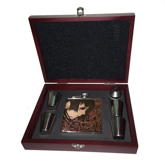 KuzmarK 6 oz. Leather Flask Set in Rose Wood Presentation Box -  Anime Fairy