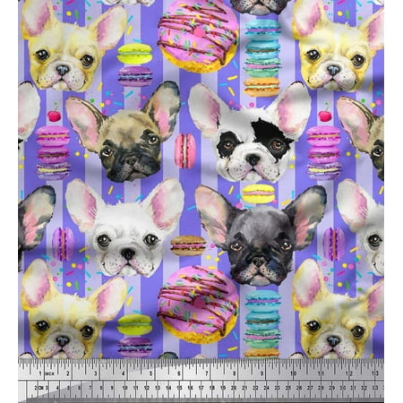 Soimoi Rayon Fabric Stripe,Donut & Puppies Face Dog Fabric Prints by Yard 56 Inch Wide