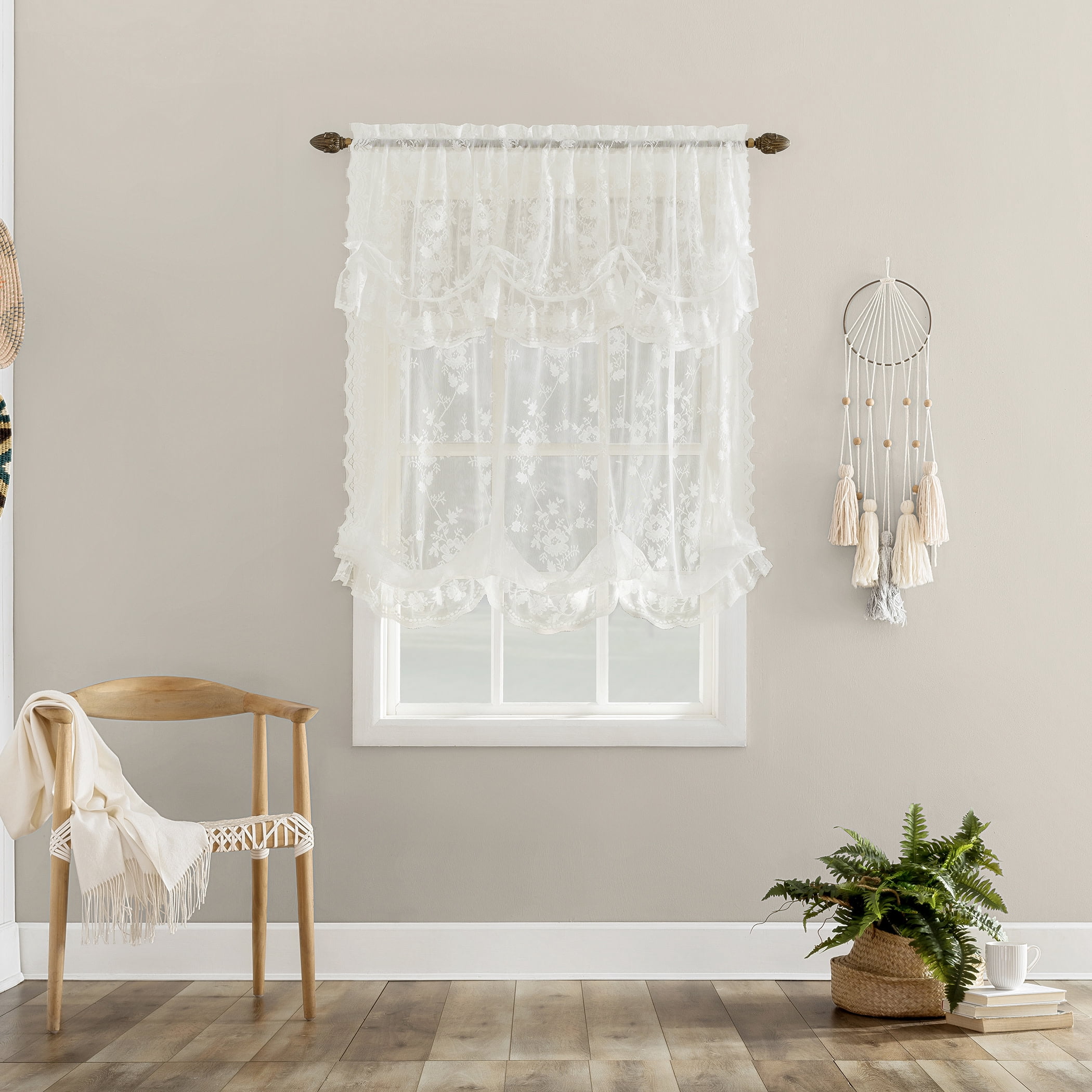 No. 918 Alison Floral Lace  Sheer Tie-up Shade, 1-Piece Rod Pocket Indoor Window Shade, 58”x64", Ivory