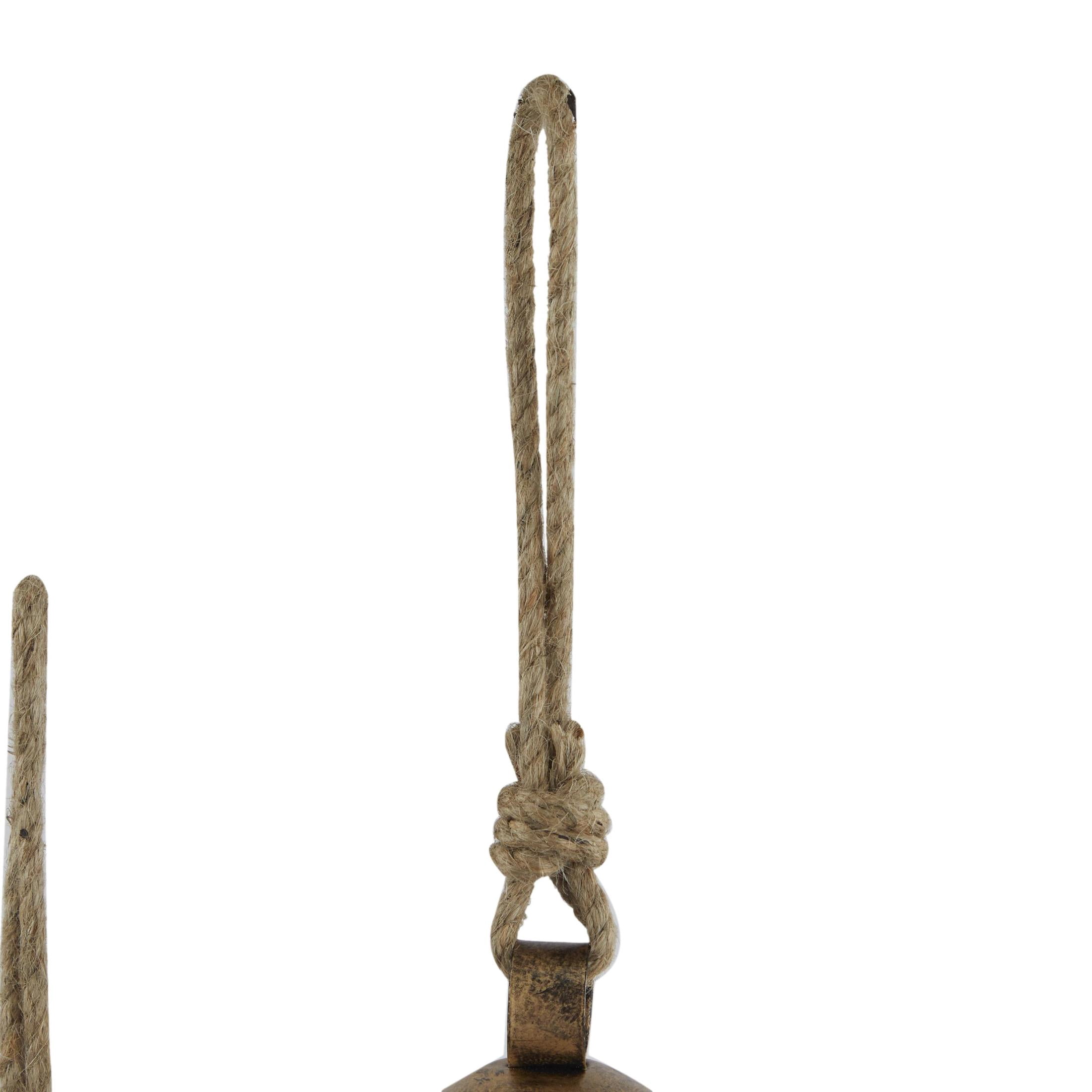 DecMode Tibetan Inspired Bronze Metal Conical Decorative Cow Bells with Jute Hanging Rope, 3 Count