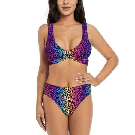 Zeuib Leopard Neon Rainbow Gradient High Waisted Tummy Control Bikini Set - Knot Front Push Up Top & Cheeky Thong Bottom  Two-Piece Swimsuit for Women-Large