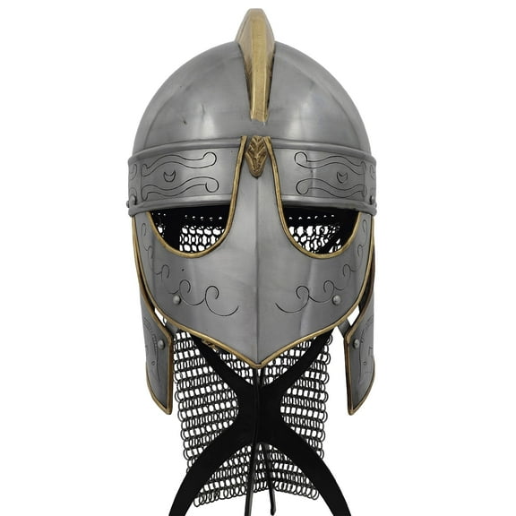 Armory Replicas Knights Templar Barbuta Visored Steel Medieval Helmet with Chainmail - 18-Gauge Steel, Brass Accents, and Real Leather Liner.