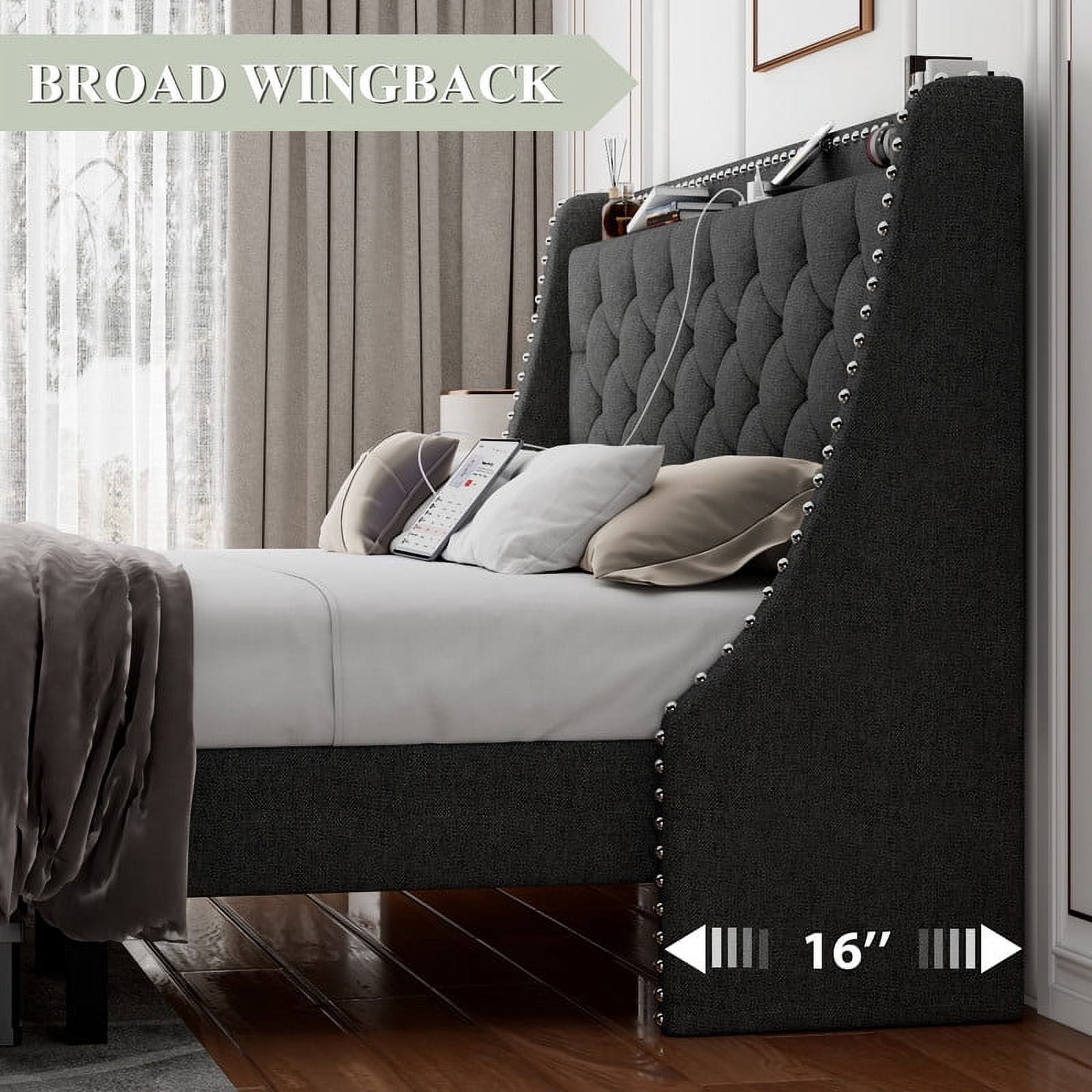 iPormis Queen Bed Frame with Upholstered Wingback Button Tufted Storage Headboard, Luxurious Platform Bed with Charging Station, Sturdy Wooden Slats Support,No Box Spring Needed, Dark Gray