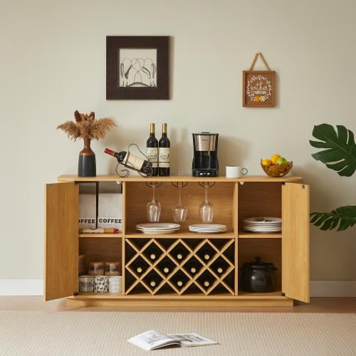 TrumanPick 58" Wine Bar Cabinet with Adjustable Shelves,Modern Liquor Whiskey Coffee Station, Farmhouse Buffet Sideboard with Storage for Living Room, Kitchen, Entryway, Natural