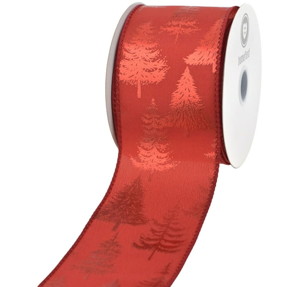 HOMEFORD Embossed Christmas Trees Satin Wired Ribbon, 2-1/2-inch, 10-yard, Red