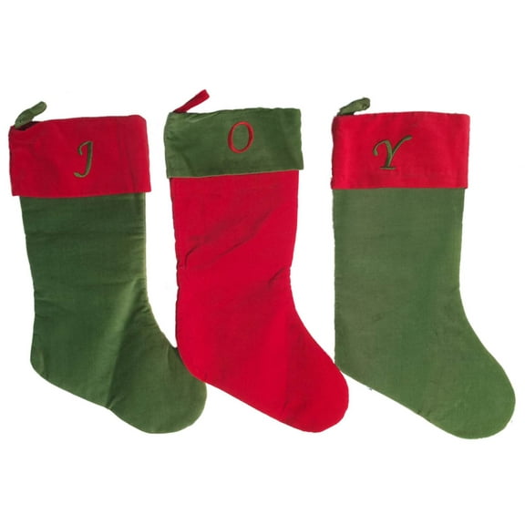 3 Piece Red & Green Joy Monogram Christmas Stocking Holiday Decoration