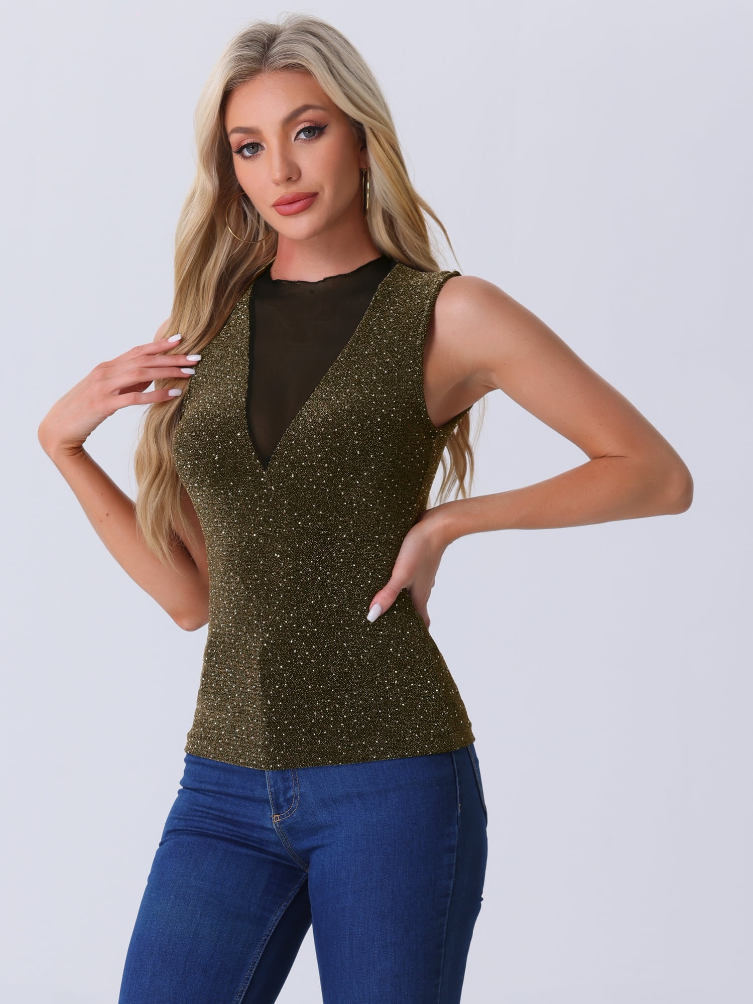DARING DIVA Women's Mesh Tops Glitter Party Club Sparkly Shirt L Black Gold