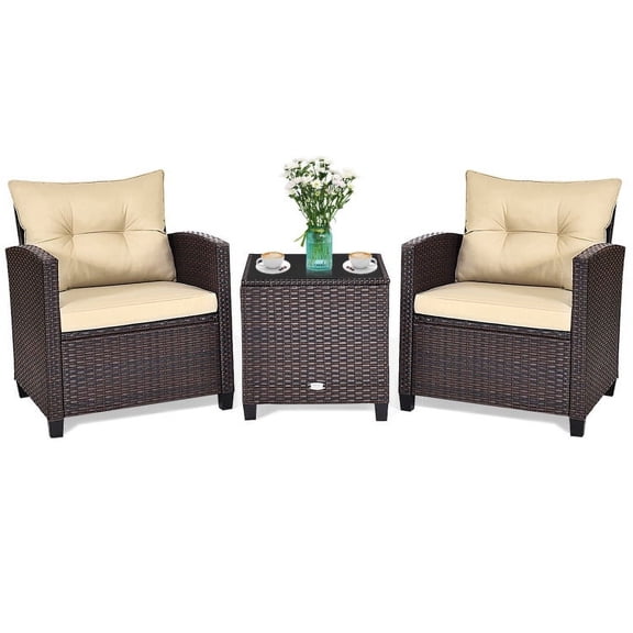 Aimee Lii 3 Pieces Wicker Patio Furniture Set, Coffee Table Cushioned Sofa, Modern Patio Furniture, Beige