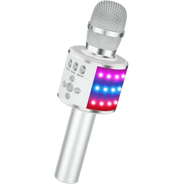 Intexca Microphone de Karaoké Bluetooth, Micro Sans Fil 4-en-1 avec Lumières DEL pour Enfants et Adultes