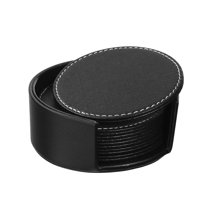 SEWCHICS 6Pcs PU Coaster Set Black Round Cup Mats with Holder Non Slip for Home Use
