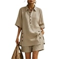 thumbnail image 3 of Womens Plus Size Cotton Linen Shorts Sets Summer Outfits with Button, Oversized Tops and Bermuda Shorts 2 Piece Matching Lounge Sets Tracksuits, Travel Vacation Going Out Suits 2026 Khaki XL, 3 of 8
