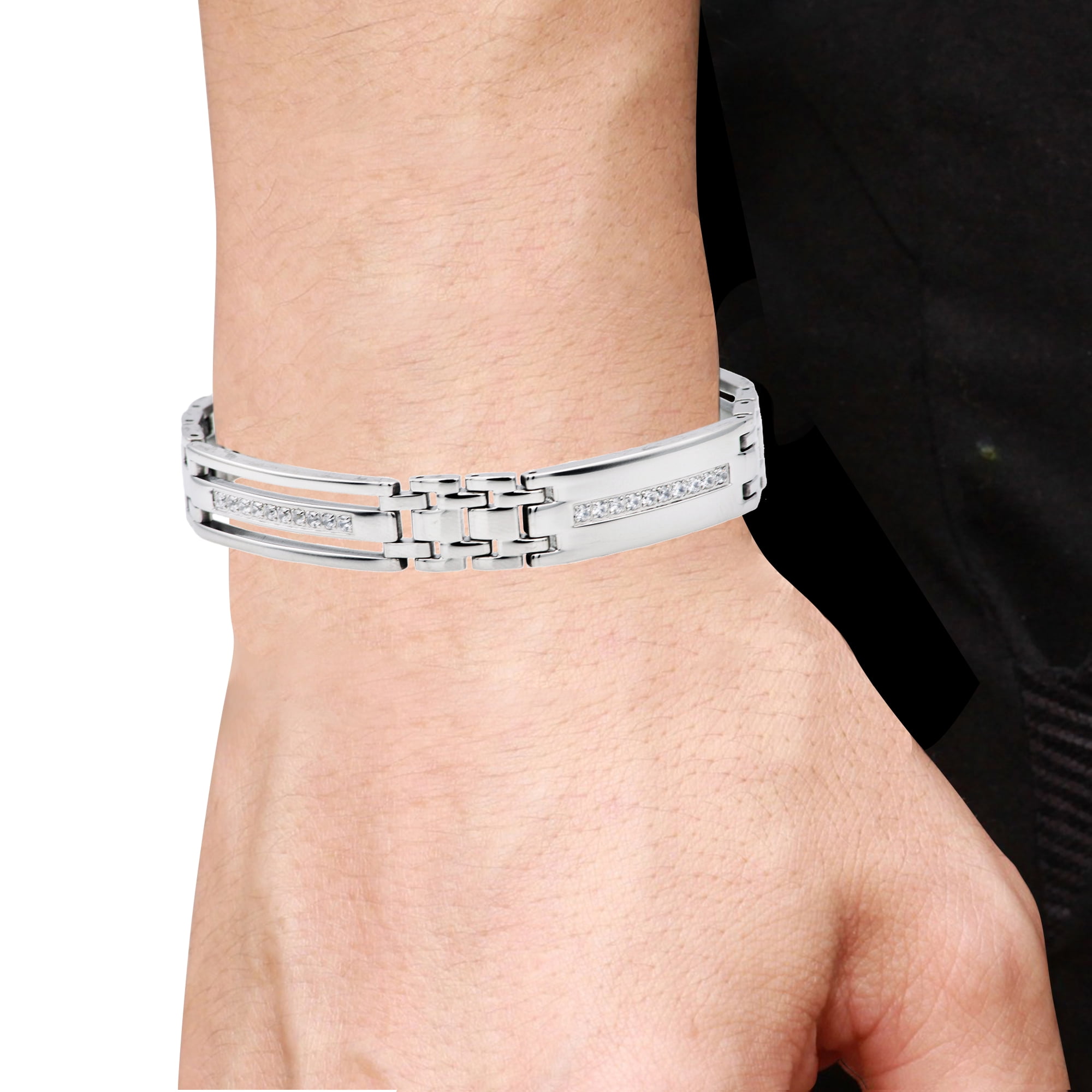 Mens Stainless Steel Link Bracelet With Cubic Zirconia
