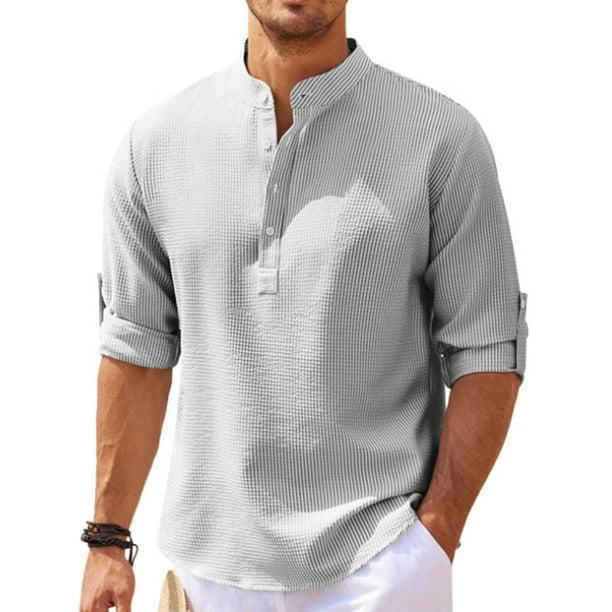 Innerwin Tops Lapel Neck Men Shirts Work Button Down Casual Tunic Shirt  Light Grey 2XL 