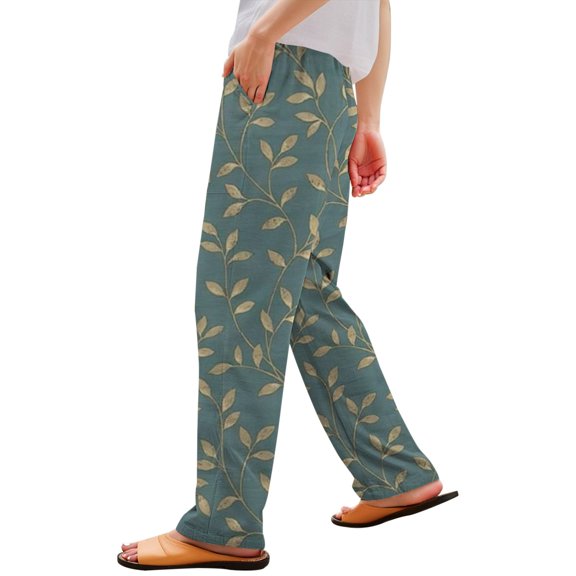 yunLCZ Women's Wide Leg Pants Women's Printed Straight Leg Cropped Pants With Elastic Waistband Pockets Side Buttons Loose Casual Stylish Versatile & Slimming Trousers