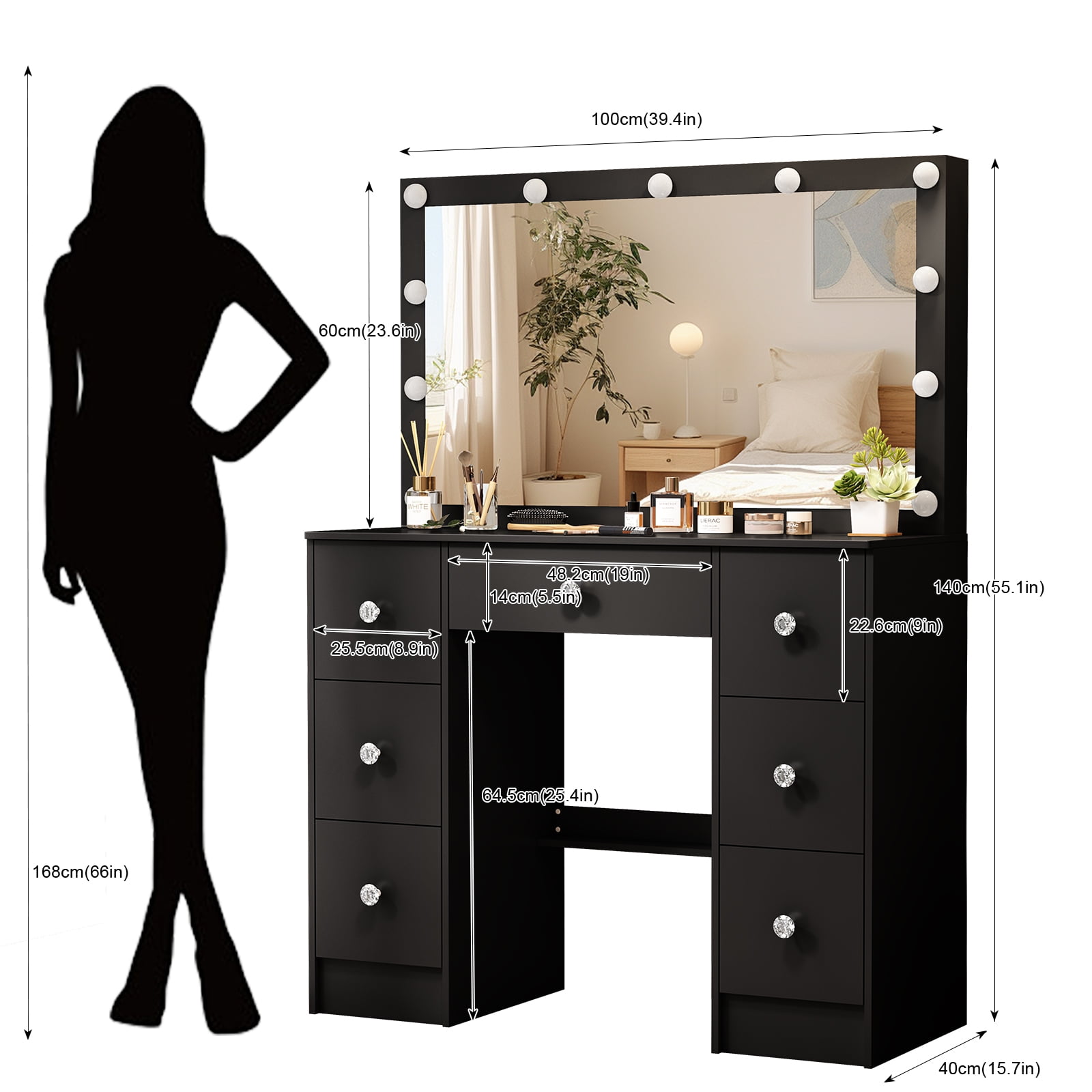 Yamissi Vanity with Mirror and Lights Makeup Vanity Desk with 7 Drawers & 11 LED Bulbs Dressing Table for Bedroom, Black