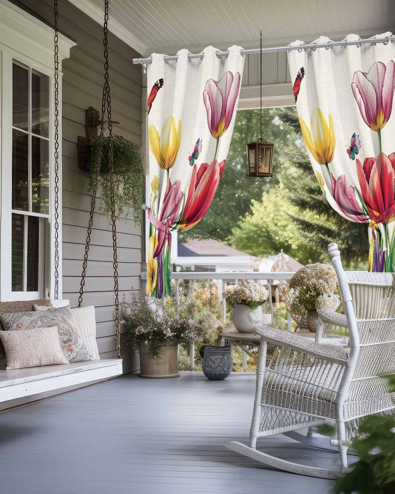 Outdoor Curtains for Patio, Spring Floral Waterproof Blackout Outside Curtain for Porch/Pergola/Gazebo, Tulip Summer Butterfly Botanical Colorful Thermal Insulated Drapes, 2 Panels, 54 x 84 Inch