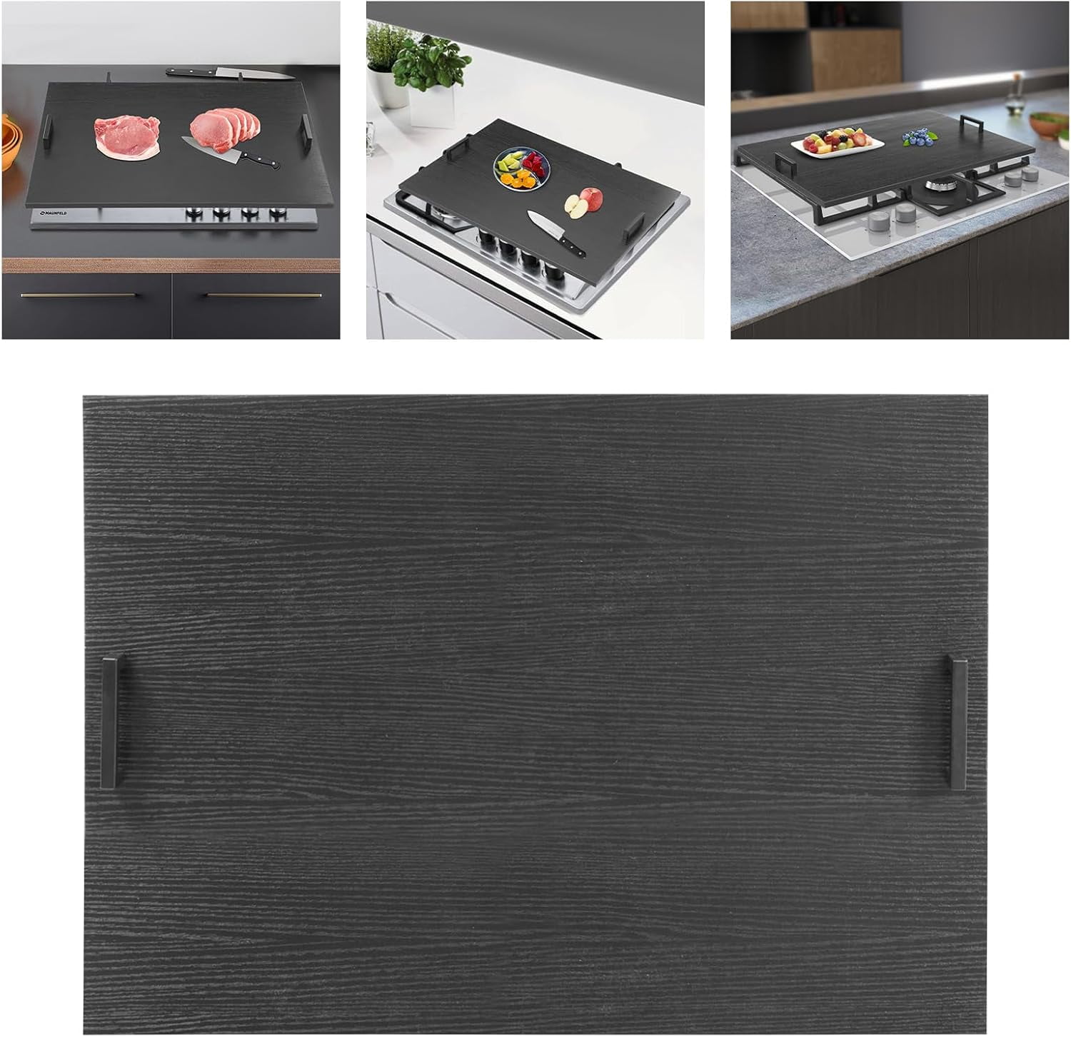 Stove Top Cover for Gas Burner Wood Stovetop Cover with Handles Noodle Board Stove Cover Wooden Cutting Board for Kitchen, 29 * 21 Inch (Black)