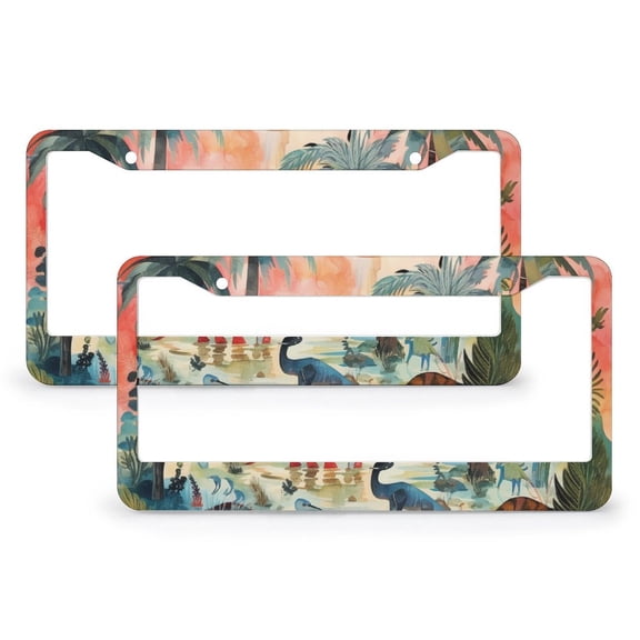 Dinosaurs And Palm Trees License Plate Frame 2 Pieces Cute Cartoon Dinosaur Licenses Plates Frames Front Licenses Plate Covers Car Tag Frame for US And CA 2 Holes Aluminum License Plate Cover